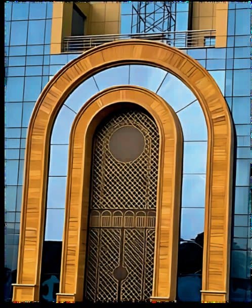 The entrance arch of Maharah Human Resources, with its patterned screen
