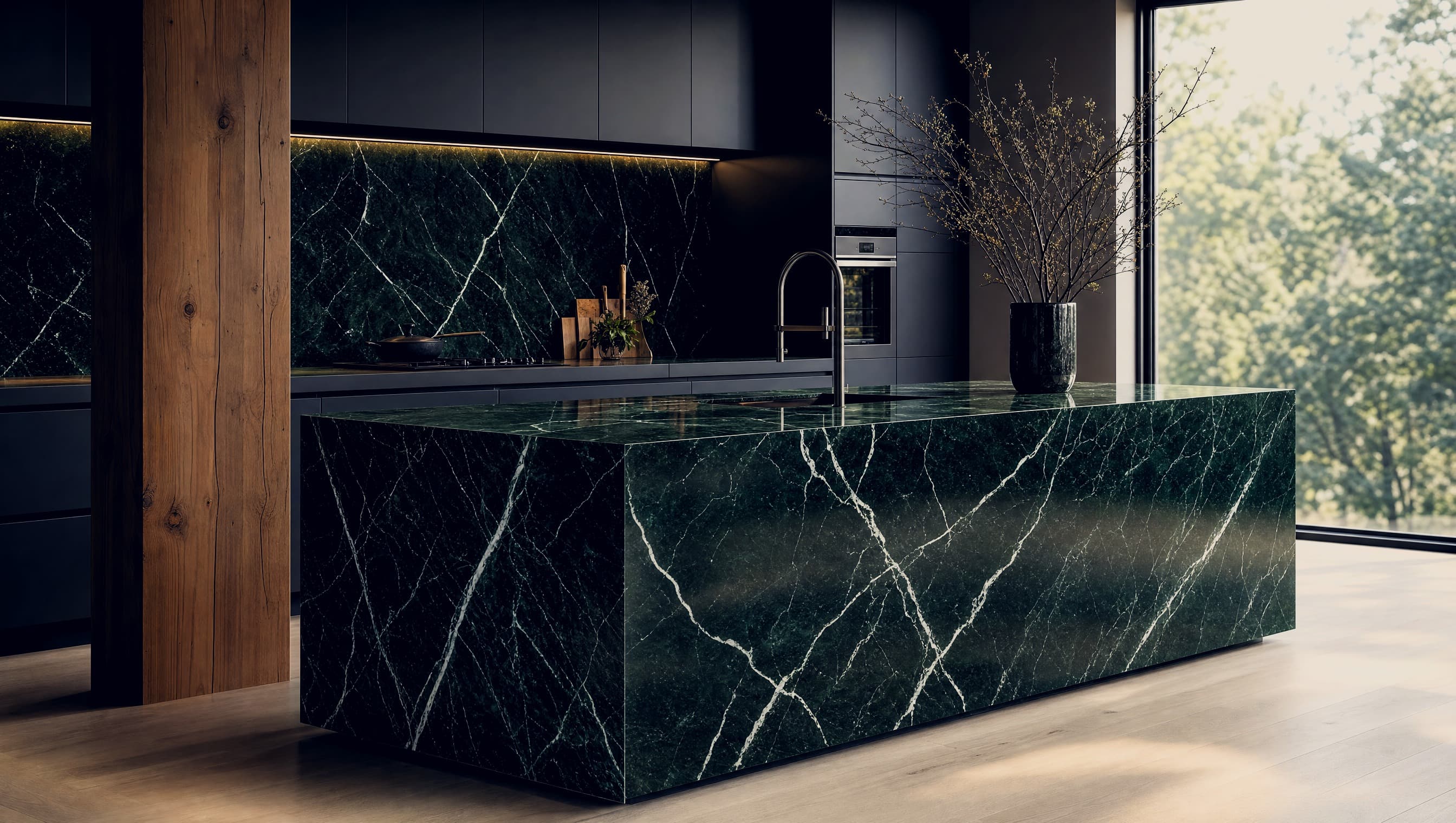 Green marble waterfall island with white veining and a matching marble backsplash