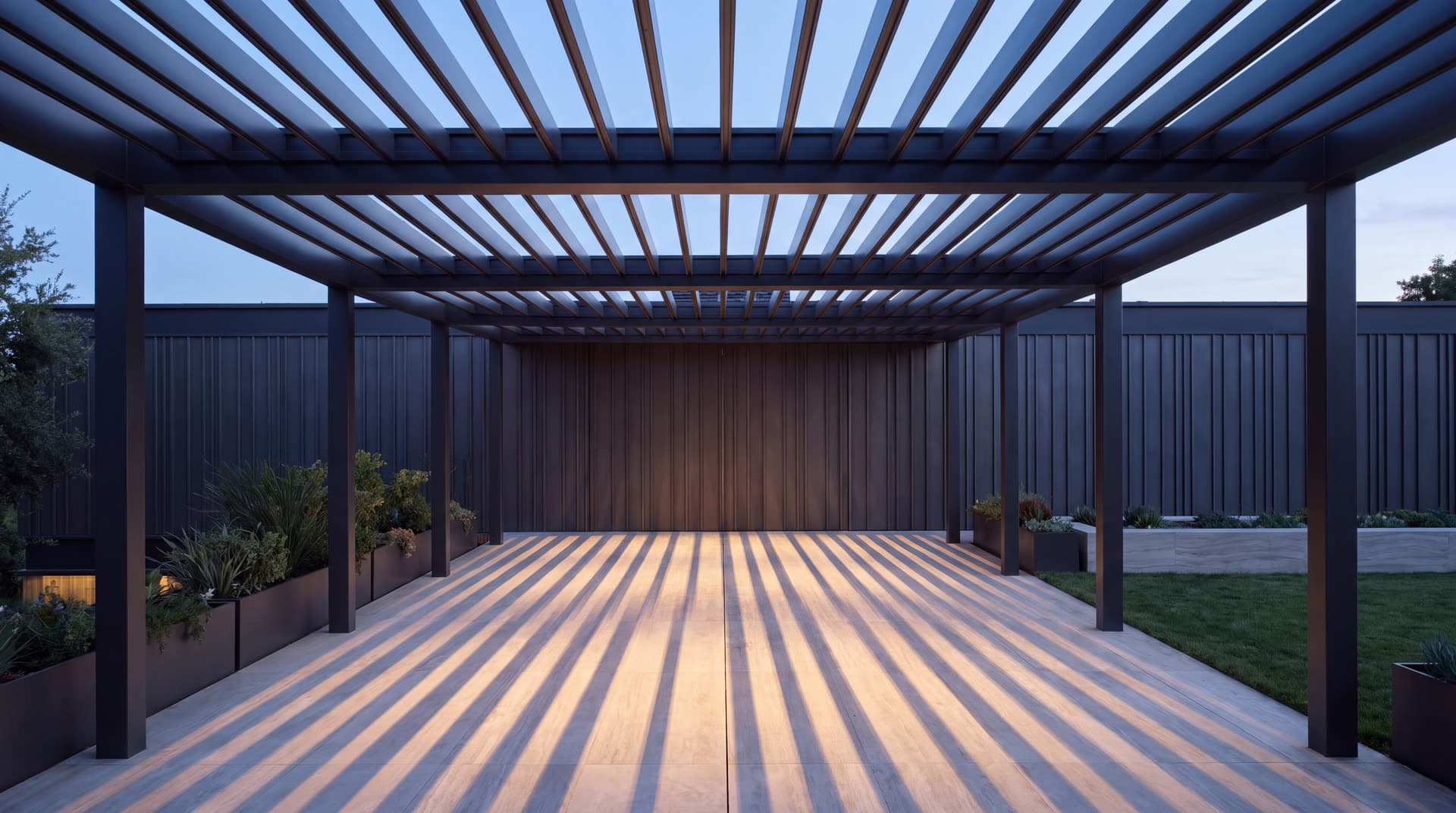Louvred pergola casting striped shadows across a terrace