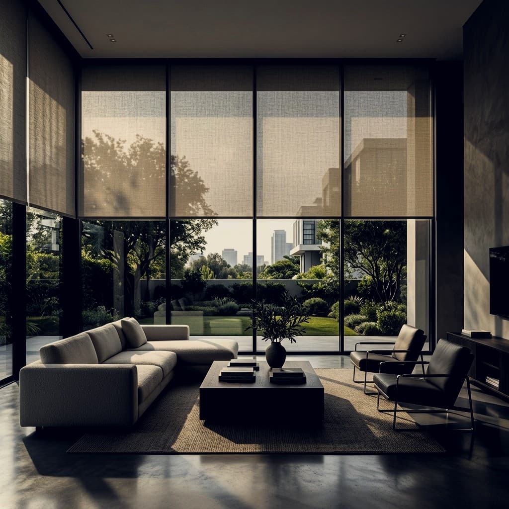 Roller shades lowered over full-height windows in a living room