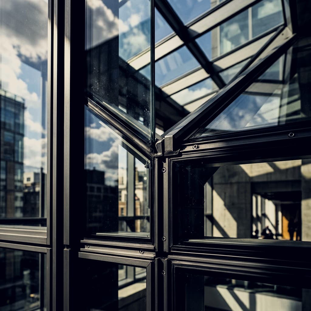 Curtain wall framing meeting an angled glass skylight