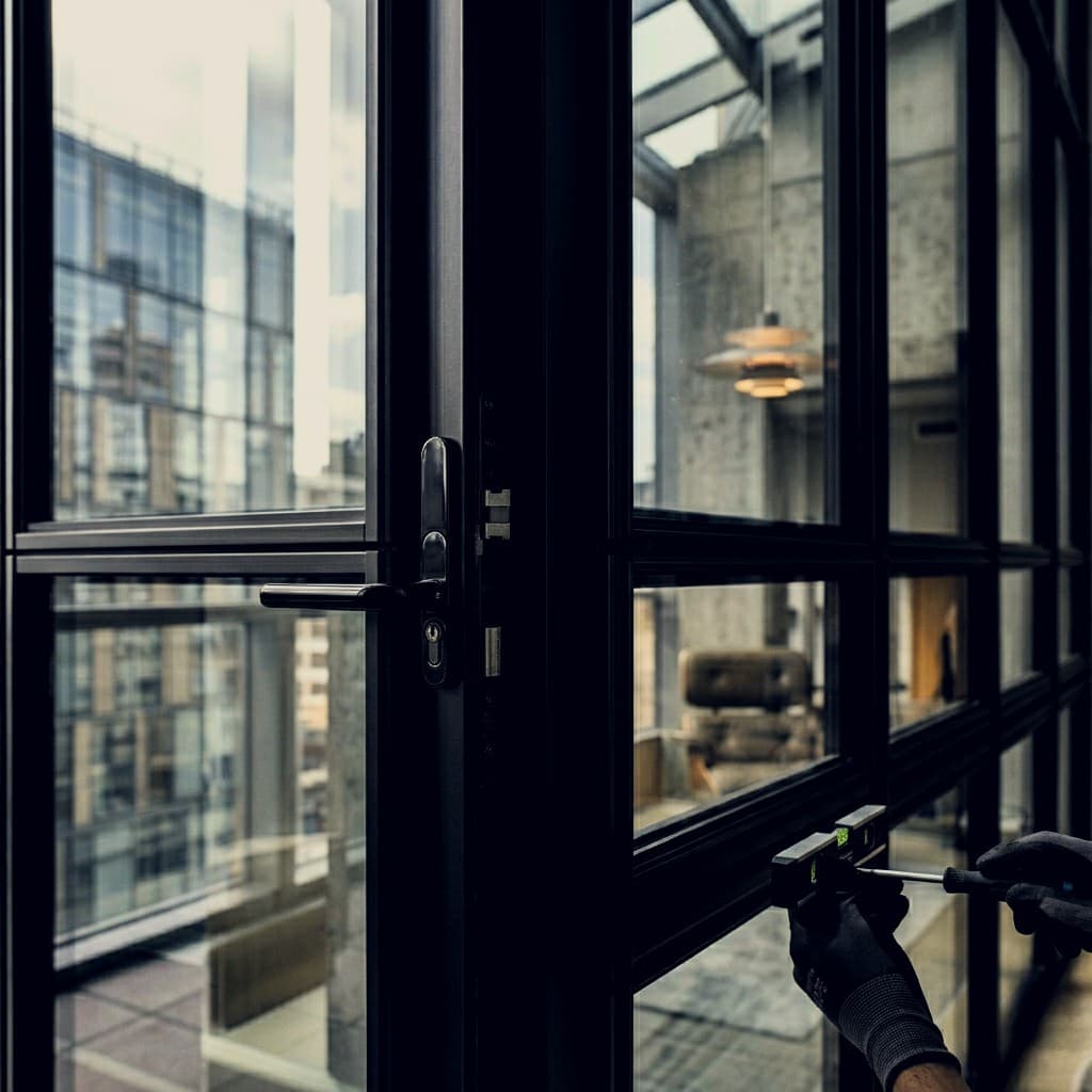Black-framed aluminum doors and windows being levelled on installation