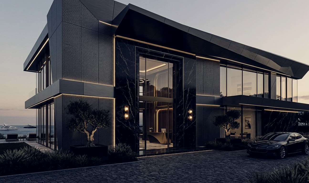 Modern house with dark cladding panels and glazed facade