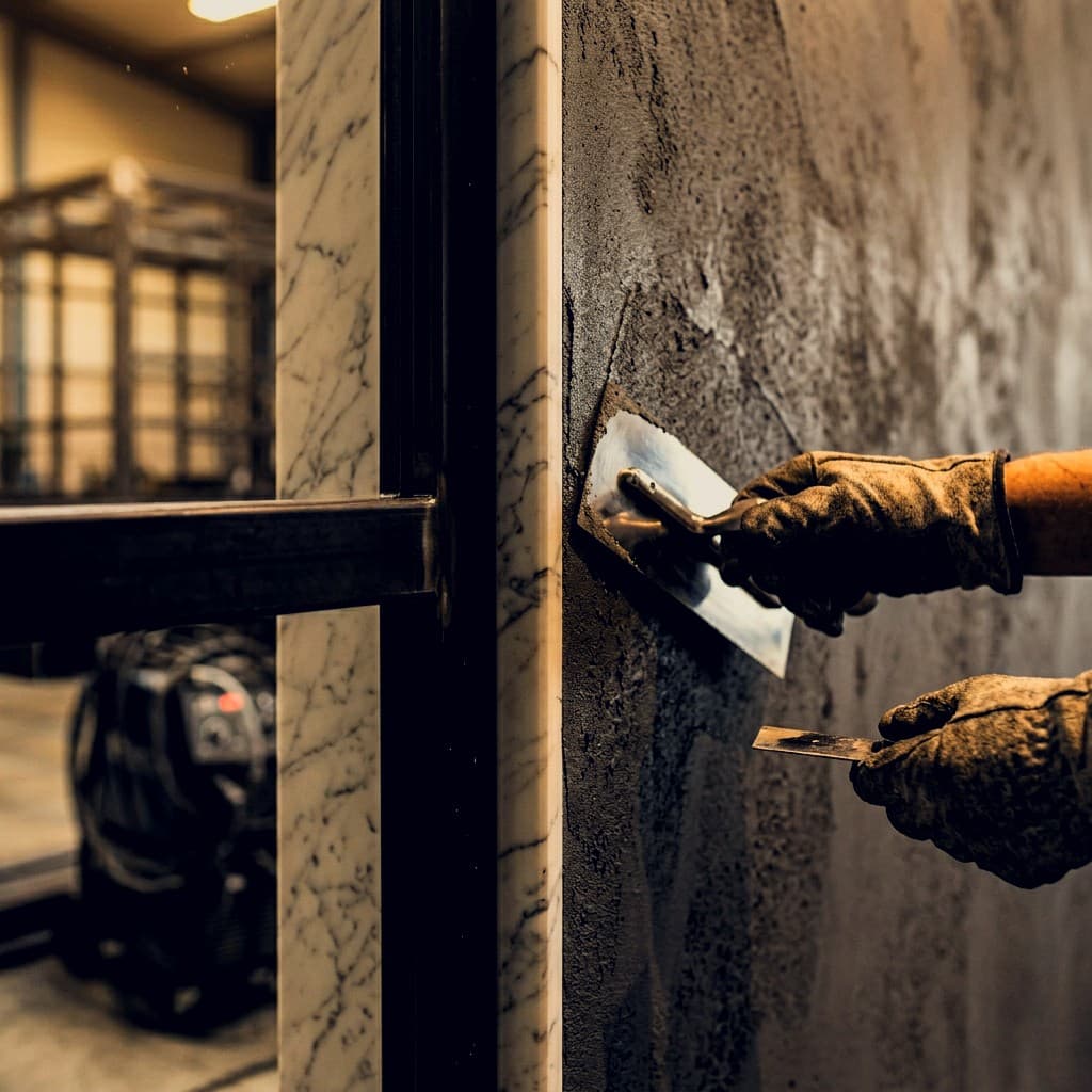 Plaster being trowelled onto a wall during finishing works