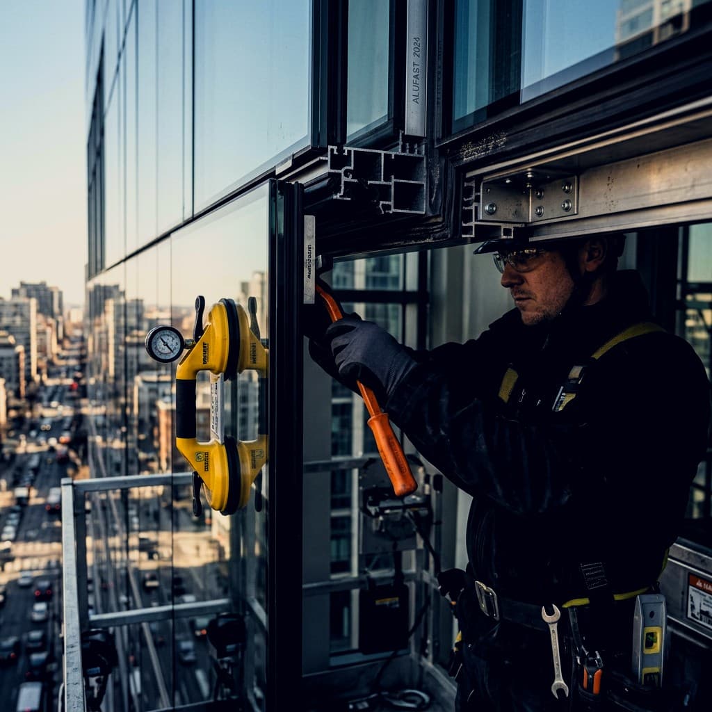 Technician servicing a glazed facade unit at height