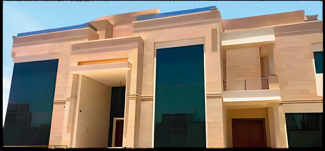 The stone front of the Al Nasiriyah villa with dark glazing