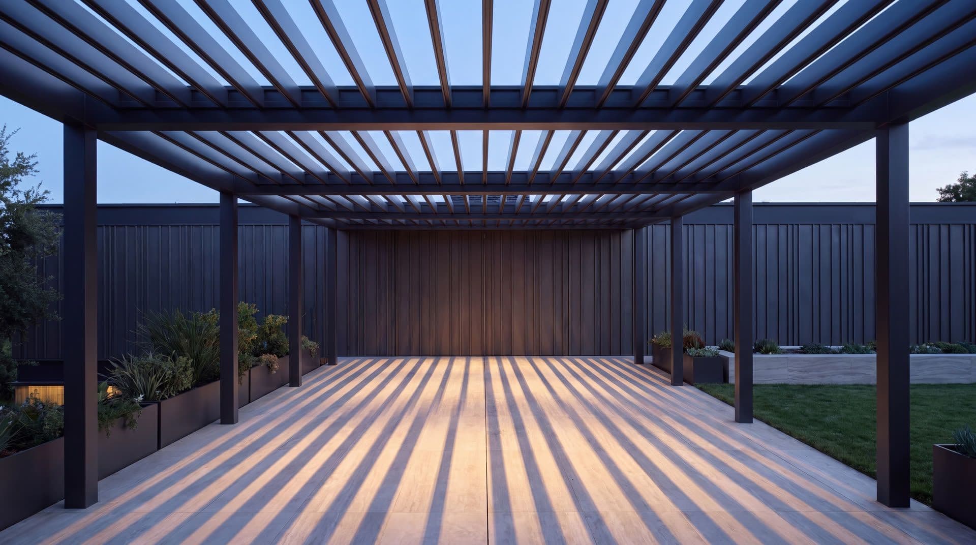 Louvred pergola casting striped shadows across a terrace