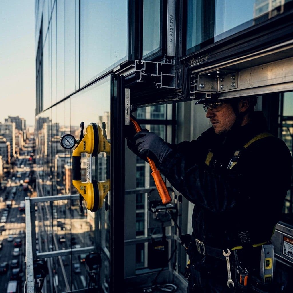 Technician servicing a glazed facade unit at height