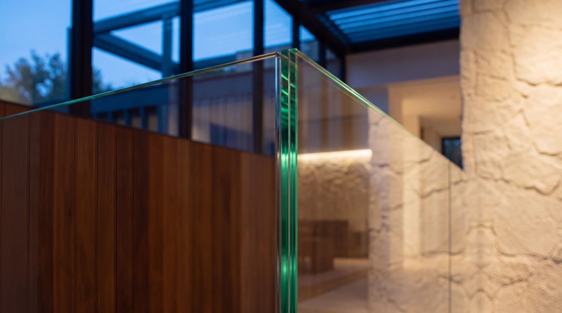 Edge of a glass partition beside timber and textured stone